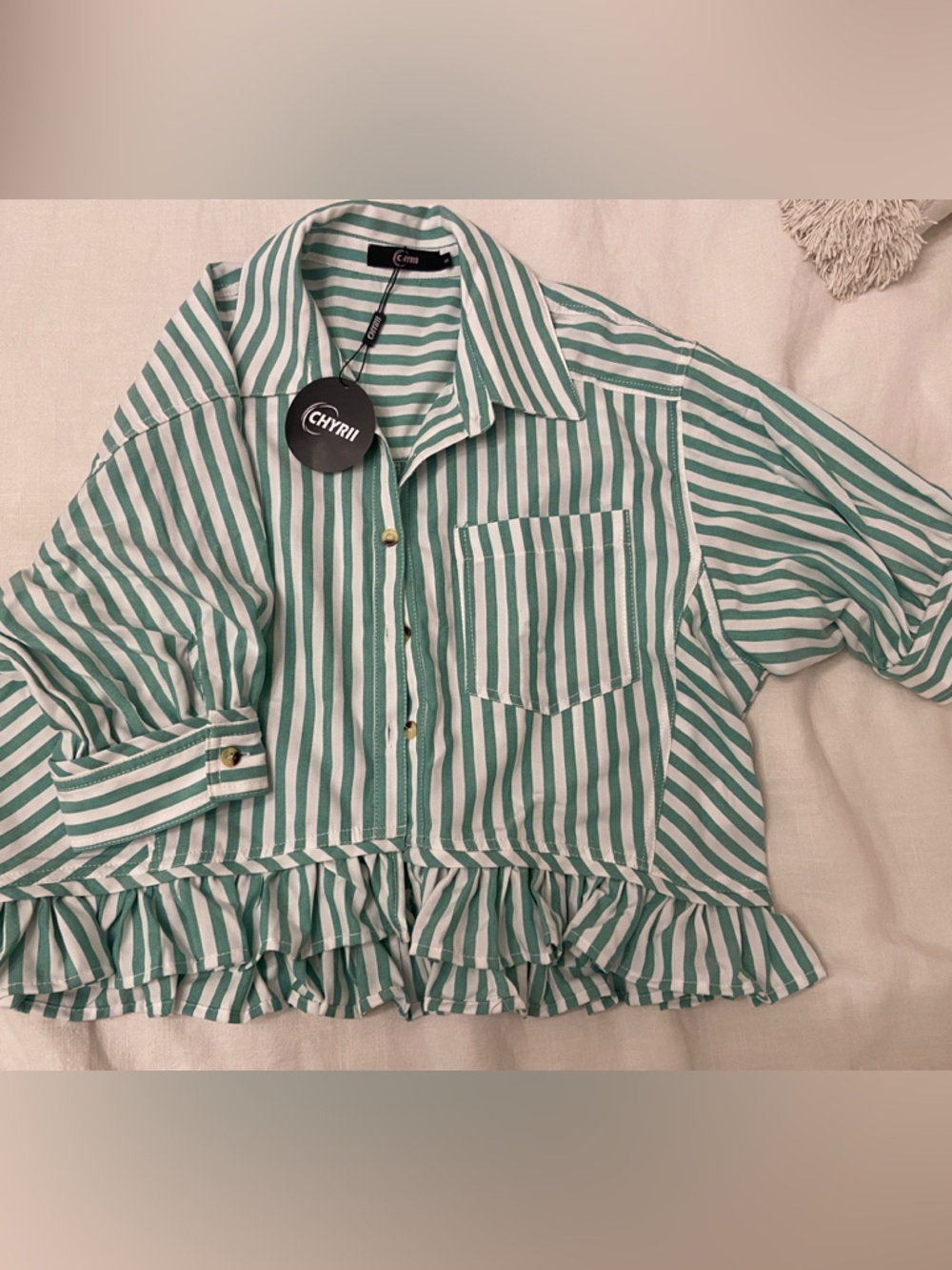 Green & White Striped Ruffle Hem Button-Up Shirt